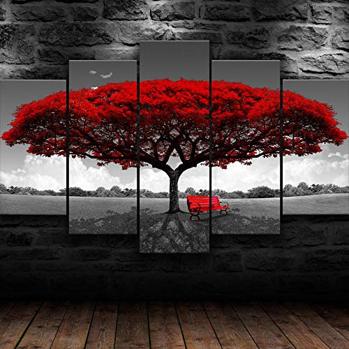 Impression sur toile, 5 panneaux muraux Nature grand arbre rouge Mural Tableaux modernes,impression artistique toile divisée en 5 parties pour la maison moderne,décoration pour salon, 200x100cm