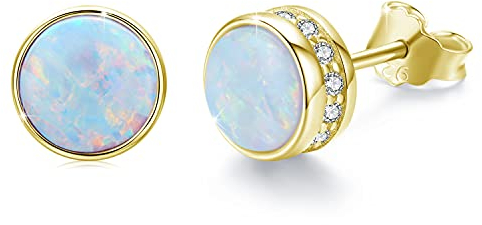 Blaue Opal Ohrstecker 925 Sterling Silber Rund Ohrstecker Hypoallergen für Damen und Mädchen - 7 mm Gold