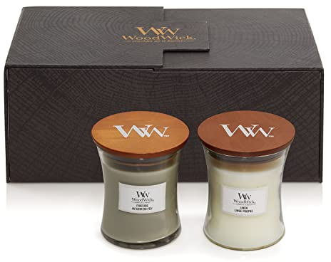 WoodWick Duftkerzen-Geschenkset | Fireside & Linen, Duftkerze im Sanduhrglas mit knisternden Dochten | Bis zu jeweils 60 Stunden | Geschenkbox | Perfekt zum Muttertag | Geschenke für Frauen