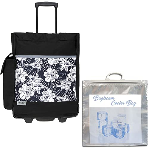 Einkaufstrolley Wheel Trolley Shopping Damentasche Einkaufsroller Korb Shopper + Thermo Tasche (12895 Black Flower)