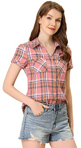 Allegra K Chemise boutonnée à Carreaux décontractée pour Femme Ligne Jaune L