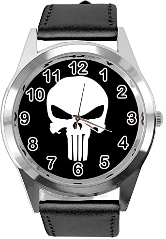 TAPORT Runde Armbanduhr aus schwarzem Leder für Totenkopf-Fans, Schwarz , Riemen