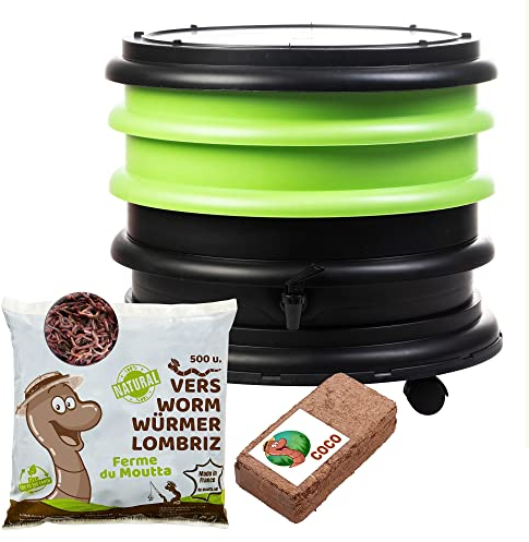 WORMbox | Lombricomposteur 2 Plateaux Vert Anis + 250gr de vers de Compost + 1 Bloc Coco | 32 litres | Compostez Vos déchets organiques, Les vers de Terre/lombrics produisent du lombricompost