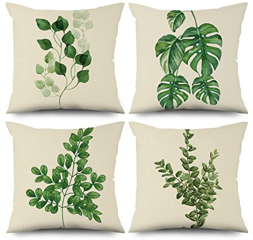 ASDCXZ Grün Kissenbezug 50x50 cm 4er Set, Minimalismus Frühling Grün Blätter Sofa Dekokissen Kissenbezüge Kissenhülle Waschbar Polyester Flachs Textil Outdoor Polster Kopfkissenbezug Kissen Bezug