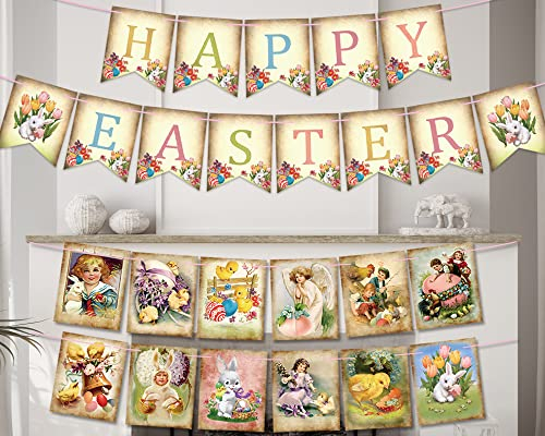 25 Stück Vintage Osterdekorationen Happy Easter Banner Girlande Dekoration Retro Osterei Häschen Wimpelkette Girlande für Wand Tür Kamin Kaminsims Dekor Zubehör Rustikale Ostern Hängende Wimpelkette