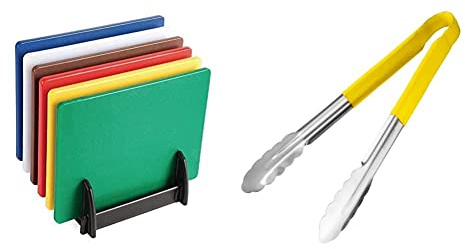 Hygiplas Colour Coded Chopping Board Set with Rack & Wall Chart 6 Pieces & 12276 Colour Coded Serving Tong Yellow - 300mm