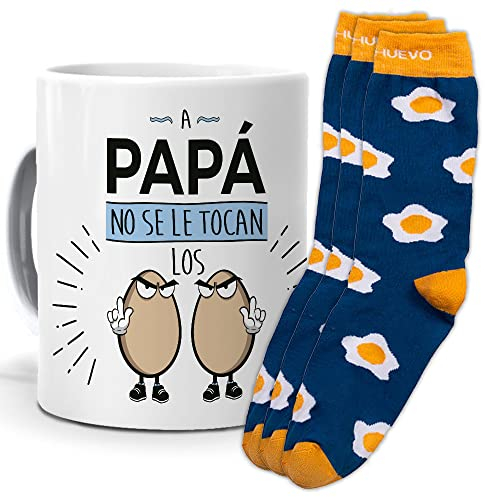Taza y trio de calcetines, originales y personalizados. A papa no se le tocan los huevos. 1 calcetin gratis por el que se te pierde