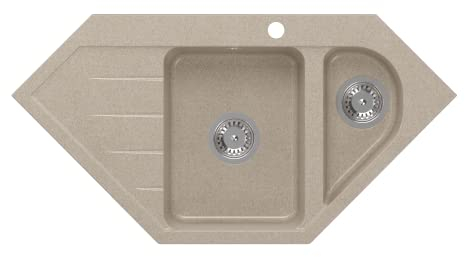 VBChome Eckspülbecken 95x49 cm Beige Granit 1,5 Becken 1,5 Abtropffläche Küche Einbauspüle Küchenspüle Gesprenkelt Spülbecken Siphon