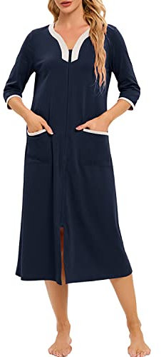 Verve Jelly Peignoir à manches 3/4 avec fermeture éclair pour femme - Imprimé floral - Léger - Avec poches, bleu, XL