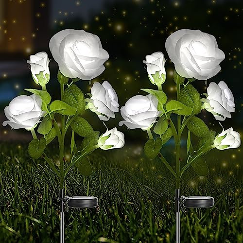Solar Lights Outdoor Garden: 2 Pack Solar Garden Lights Waterproof with 10 Bigger White Rose Flower Lighting Ornaments Outdoor Lawn Patio Pathway Party Wedding