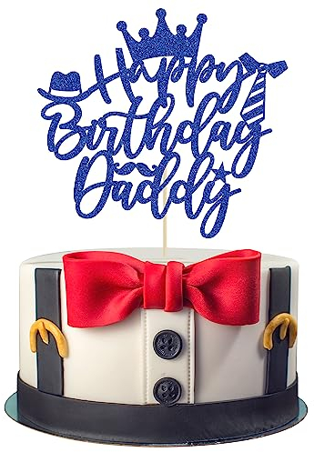 Gyufise 1PC Happy Birthday Daddy Cake Topper Glitter Happy Father's Day Cake Pick Best Dad Cake Decorations for Happy Father's Day Birthday Party Supplies Blue