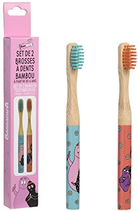 Barbapapa, Set de 2 Brosses à Dents Enfant en Bambou, Soins Dentaires, Hygiène Dentaire, Enfants, Junior, 14,5cm, TAKE CARE
