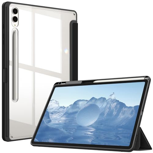 Fintie Hybrid Hülle für Samsung Galaxy Tab S10+ Plus/S9+ Plus 12.4 Zoll Tablet mit Stifthalter - Stoßfeste Schutzhülle mit transparenter Hartschale auf der Rückseite, Schwarz