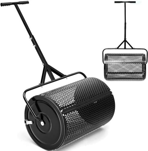 Hiboom Torf-Moos-Kompoststreuer für Rasen, Garten, Obererde, Schmutz, Roller, Samentropfenstreuer mit verstellbarem T-förmigem Griff, leichtes Metallgitter, Schiebestreuer für Hof (schwarz, 39,5 x