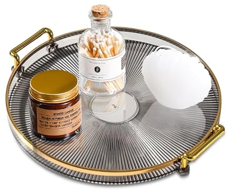 Golden Handles Luxury Display Tray - Round Acrylic Serving Platter for Home, Coffee Table Tray - Gray