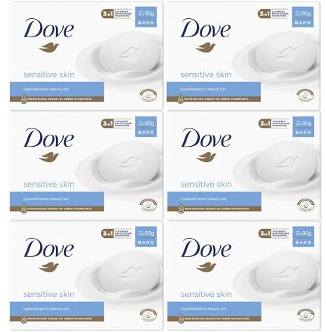 Dove Hypoallergenic Beauty Cream Bar 3 in-1 Cleanses, Moisturises and Nourishes Sulphate-Free Bath Soap for Soft and Smooth Skin, Specially Made for Sensitive Skin 2x90g, 6 Pack