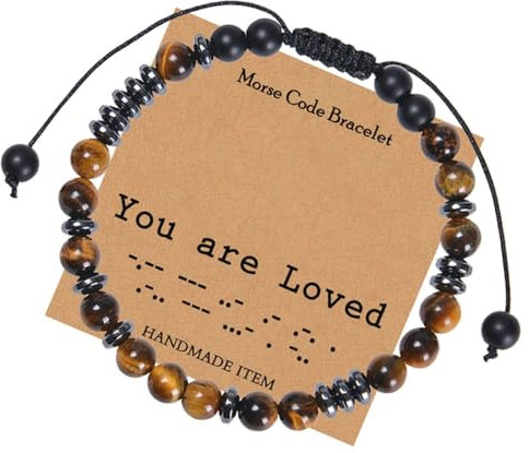 Ayoiow 6mm Perlen für Armband 30cm Armband 6mm You Are Loved, Morse Code Armband Braun Armbänder für Herren