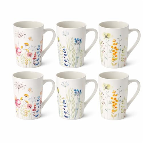 Teemando 6 Becher Jorid New Bone China 0,3 l, Höhe 12,1 cm, Ø 7,5 cm, Blumen-Tassen matt, 3 Designs je 2 Stück, spülmaschinengeeignet und mikrowellenfest