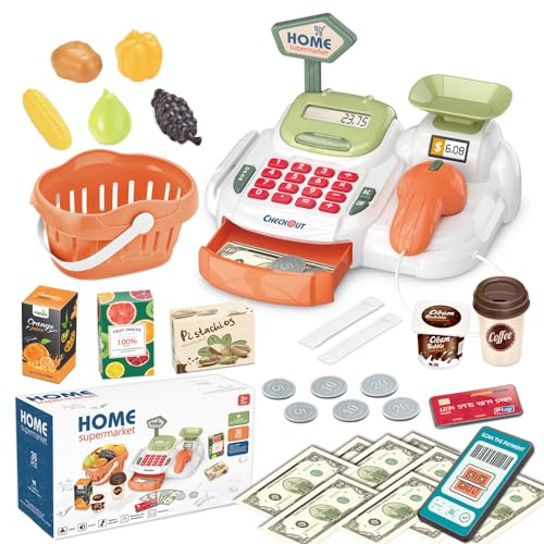 Kasse Spielzeug mit funktionsfähigem Taschenrechner Kassierer Scanner Spielzeug Supermarkt mit simulierten Lebensmittel usw Kinder-Supermarktkasse mit Spielgeld Bildungsspielzeug-Set für Kinder