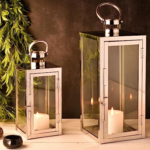 Marrakesch 2er Set LED Laterne Windlicht 39cm und 27,5 cm | Laternen mit LED-Kerze Batterie betrieben und mit Timer Funktion | Gartenlaterne für Draußen Marra Silber modern als Gartendeko