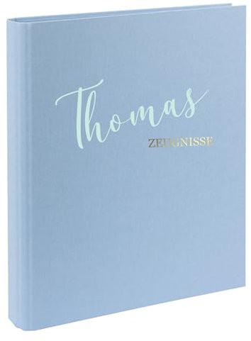 AWASG Zeugnismappe Kinder mit Namen personalisiert | Dokumentenmappe Ringbuch für Mädchen Jungen | Zeugnisordner Leinen zum Einsortieren von Urkunden Zeugnissen (Hellblau)