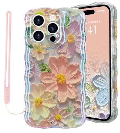Micoden for iPhone 14 Pro Case Oil Retro Floral Print Curly Wave Silicone Case Aesthetic Fashion Flower Girls Women Phone Case with Strap for iPhone 14 Pro Light Purple