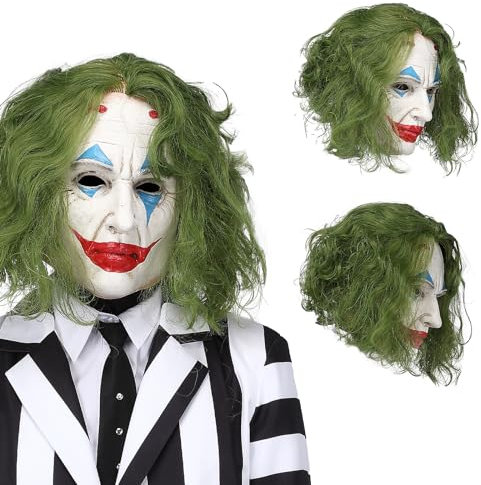 Goloxou Joke Masque de clown en silicone pour homme Masque de sourire horreur avec longs cheveux verts Halloween Cosplay pour adultes