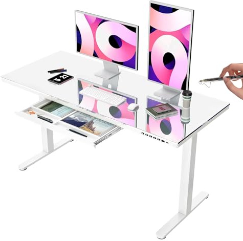 TRIUMPHKEY Bureau en Verre Assis Debout Électrique - 140 x 60cm Blanc Réglable en Hauteur Avec Tiroirs - Table Standing Desk pour Gaming et Bureau