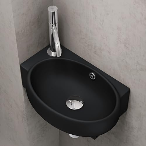 Sogood Lavabo Vasque à Monter au Mur Lave Mains à Suspendre à Poser Noir Mat Traitement Anticalaire en Céramique 42x28x15cm Bruxelles001R
