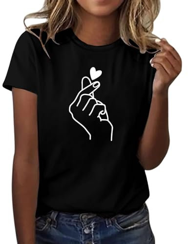 HOOUDO Sale Angebote Blitzangebote Damen-T-Shirt mit Finger-Herz-Aufdruck, kurzärmelig, Rundhals-T-Shirt, modisches Oberteil, leicht, weich, lässig, Sommerkleidung Bad Tast Sale Angebote Bestellung