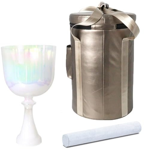 CIKSCO Cuenco de Cristal con Mango Blanco Perlado for meditación de Yoga y sanación con Sonido, Cuenco de Sonido de Cuarzo de Colores de Chakras con mazo y Estuche con asa(432Hz,8 Inch E Note)