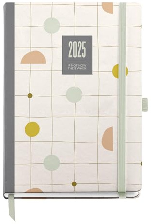 Miquelrius - Kalender 2025, Jahresplaner, 155 x 213 mm, Tagesansicht, Einband aus laminiertem Karton, Spiralbindung, Gummibandverschluss, Papier 80 g/m², Katalanisch, Englisch und Portugiesisch,