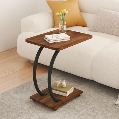 GOLDFAN Movable C-Shaped Side Table, Wooden Square Sofa End Table Coffee Table with Wheels Narrow Side Table for Living Room, Bedroom, Lounge（Walnut）