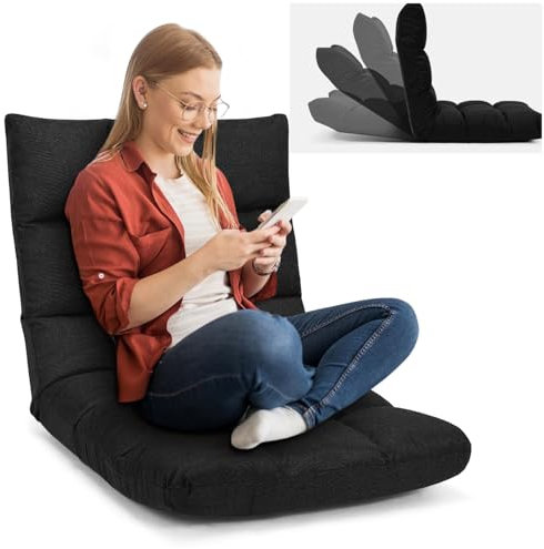 RELAX4LIFE Fauteuil Bas Multiposition Réglable en 14 Angles, Chauffeuse Convertible Fauteuil Paresseux 1 Place Adulte Rembourré Charge 120kg, 105x57x15CM (Noir, Gris Foncé)