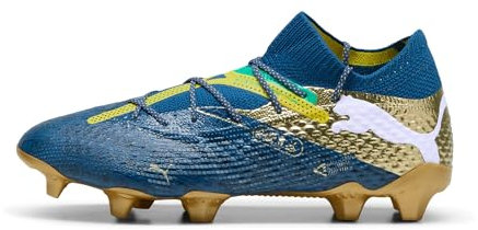 PUMA Future 7 Ultimate Herren-Fußballschuhe für festen Boden, Blau/Gelb/Gold, Größe 40