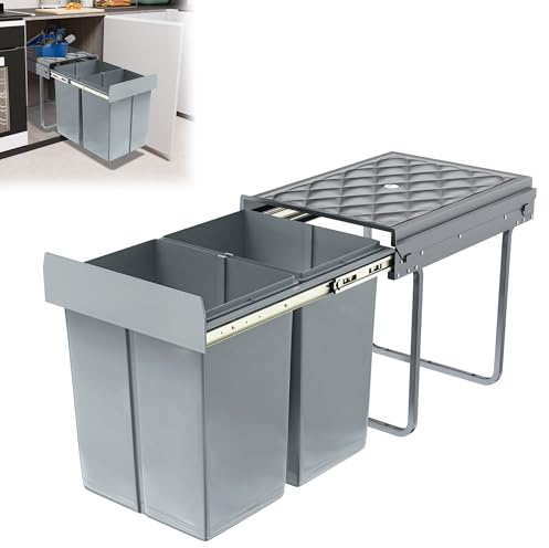 YRHome Einbau Mülltrennungs-System Abfallsortierer 2 Herausnehmbare Abfallsammler Tandemusziehbarer mit Teleskopschienen für Küche Grau 48x34x42cm 2x20L