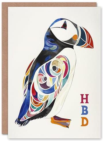 Artery8 HBD Puffin Bird Bright Colourful Pattern Folk Art Blank For Him Or Her Art Birthday Card