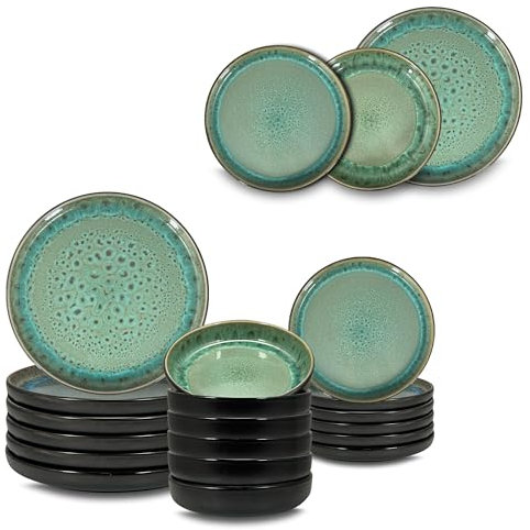 ARCA, Set 18 Piatti Coordinati Reactive Verde in Ceramica Decorata, Servizio per 6 Persone, con Piatti Moderni Fondi, Piani e da Dessert