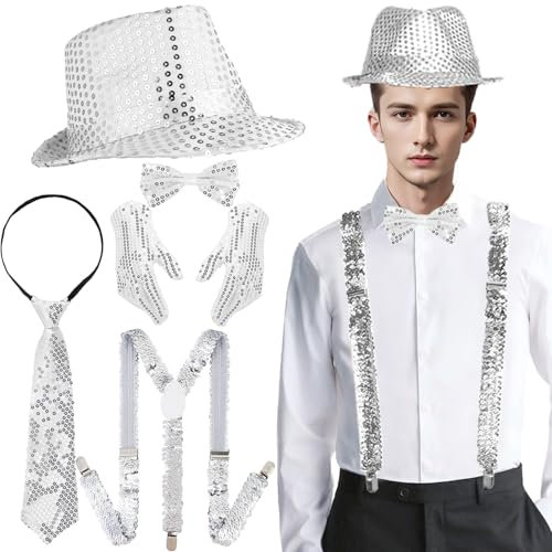 Glitzer Outfit Herren,Glitzer Accessoires Herren,mit Glitzer Fliege und Hosenträger Herren,Pailletten krawatte,Pailletten Herrenhut Handschuhe,für Karneval Fasching Mottoparty, Jazz Dance Performence