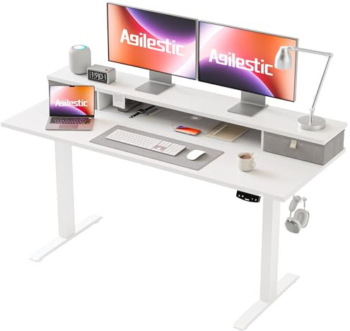 Agilestic Adjustable Height Desk with 2 Drawers, 140 x 60 cm, Stable Electric Sit-Stand Desk, Ergonomic Computer Desk, White