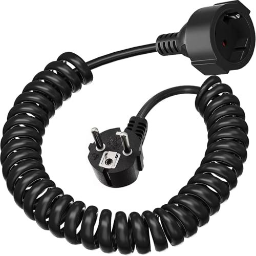 Cable alargador Schuko de 3680 W, cable en espiral, extensión de protección de contacto, extensión en espiral, extensible de 64 cm a 2 m, cable con enchufe Schuko y acoplamiento para casa, oficina