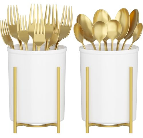 Lifewit 2 Stück Küchenutensilienhalter mit Goldener Metallständer, Besteckhalter für Küche Arbeitsplatte, Besteckkorb aus Kunststoff für Gabeln/Löffel/Messer, Utensilienhalter Küche für Camping/Party