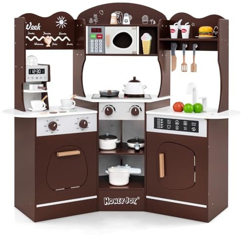 COSTWAY Kinderküche mit Zubehör, Eck Spielküche Holz mit Licht und Sound, Holzküche mit Kaffeemaschine, Mikrowelle, Waschmaschine, Ofen, Eckspielküche für Kinder ab 3 Jahren (Braun)