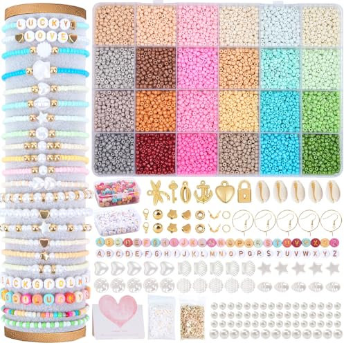 WLIAGYE Perlen Set für Armbänder zum Selbermachen, DIY Bastelset Erwachsene & Kinder mit 12000+ Glasperlen Buchstabenperlen und Perle, Perlenarmband Kit, Hochwertige Perlen für Armbänder & Schmuck