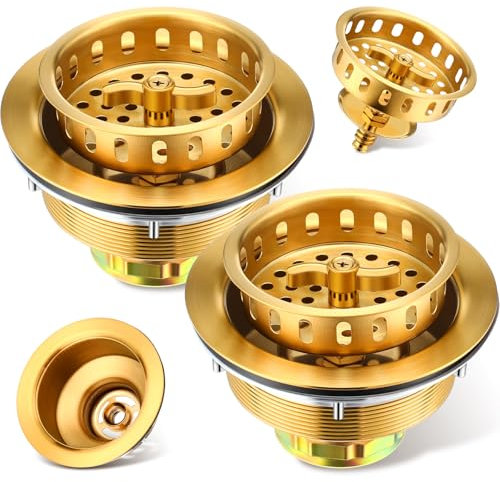 Threehoney Threehoney 2 Pcs Gold Sink Drain Strainer 3-1/2 Inch Kitchen Sink Drain Assembly with Stainless Steel Strainer Stopper and Basket Replacement Kit for Standard 3.5 Inch Sink Drain Hole