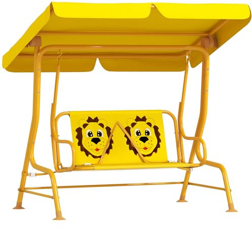 AIYAPLAY Dondolo per Bambini da Esterno a 2 Posti con Tettuccio Regolabile e Cinture di Sicurezza, Altalena Dondolo da Giardino e Interno in Acciaio e Poliestere, Max 60 kg, 112x75x120 cm, Giallo