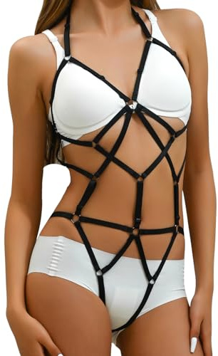 Women Bodysuit Sexy Full Body Bondage Harness Lingerie Adjustable Strap Body Belt Halter One Piece Teddy Outfit Cutout Punk Gothic Elastic Chest Cage Garter Belts for Rave Party Halloween Club (Black)