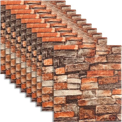 Roellgs 10Pcs 35X38cm 3D Brick Wallpaper, Faux Foam Brick Wall Panels Peel and Stick, Waterproof for Bedroom, Living Room, and Kitchen Decor (Cultured Brick Red)