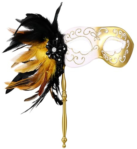 Flonge Masquerade Mask with Stick: Women's Feather Masquerade Masks Mardi Gras Prom Mask Venetian Halloween Costume Masks