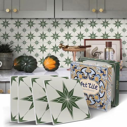 indabyo 12pcs Green Star Stick on Tiles Self Adhesive Mosaic Backsplash | Kitchen Bathroom Wall Peel and Stick Tile Individual Vinyl Waterproof Sticky Tile Covers Decals (15x15cm, 6x6 inches)